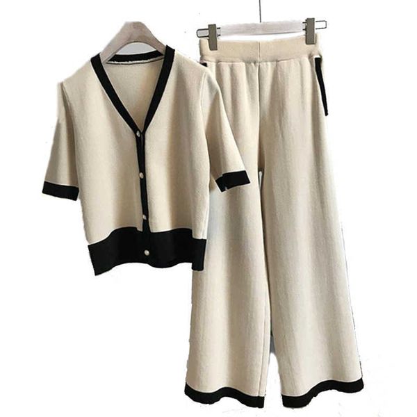 

summer 2 piece t shirt +wide leg pants knitted tracksuit et and women 210531, White