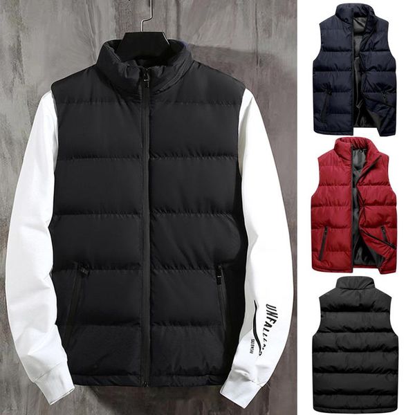 

men's vests men stand-up collar simple warm down cotton vest autumn winter fashion stand pure color waistcoat jacket coat, Black;white