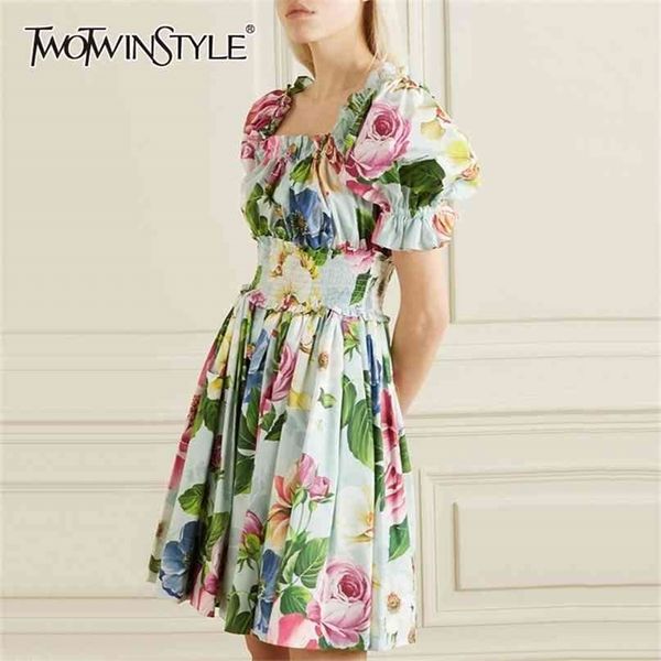 

casual print hit color dresses female slash neck lantern short sleeve high waist patchwork ruffles dress women 210520, Black;gray