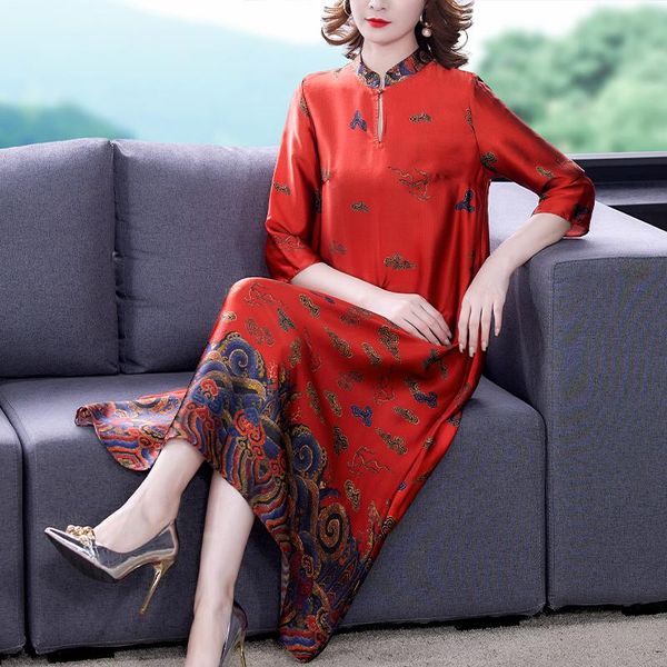 

casual dresses coigarsam women dress autumn 2022 cheongsam vintage three quarter sleeve print silk stand neck red robe, Black;gray