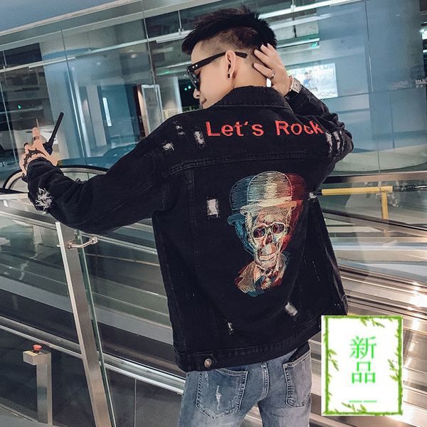 

men's jackets autumn style japanese retro tide brand hip-hop hole jacket casual skull embroidery korean denim men iub1, Black;brown