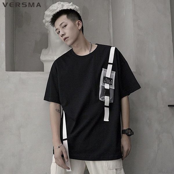 

men's t-shirts versma korean ulzzang kpop ribbon patchwork t-shirt men women hip hop streetwear rock punk t shirt male 5xl drop, White;black