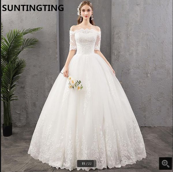 

2021 robe de mariage white lace appliques ball gown wedding dress off the shoulder half sleeve vintage princess bridal gowns plus size long