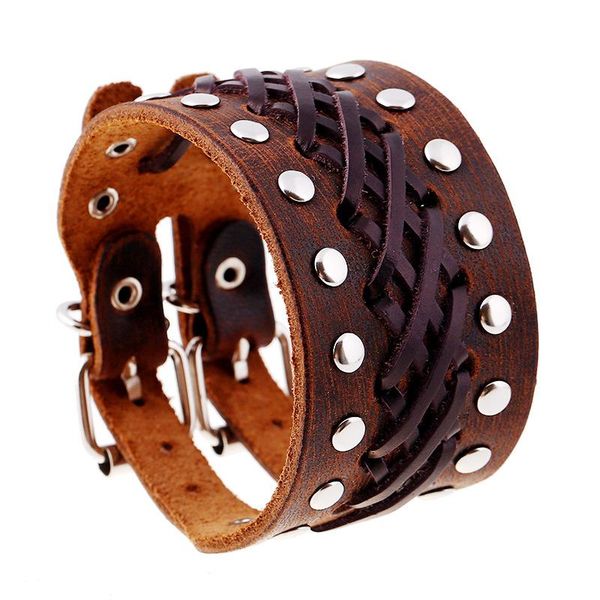 

bangle jessingshow 2021 fashion casual gothic punk style rivet buckle belt genuine leather wide bracelets bangles men charm wristband, Black