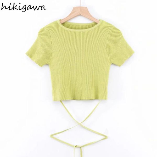 

women's t-shirt hikigawaw t shirt 2021 summer slim o neck waist drawstring crop knitted woman tshirts solid casual short sleeve tshirt, White