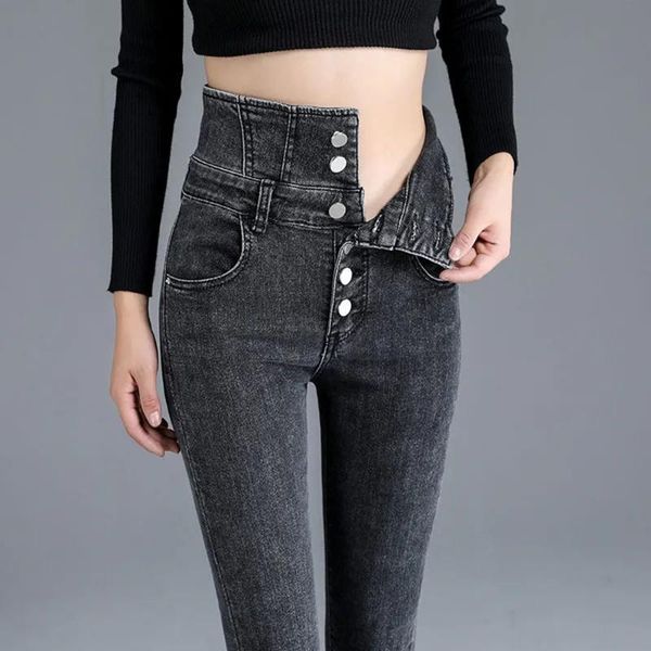 

women's jeans plus size mom casual base fleece vintage high-waist stretch slim hip lift women fashion button pencil pants, Blue