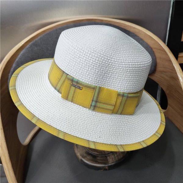 

spring style straw hat ribbon plaid big brim ladies sun seaside vacation travel beach wide hats, Blue;gray