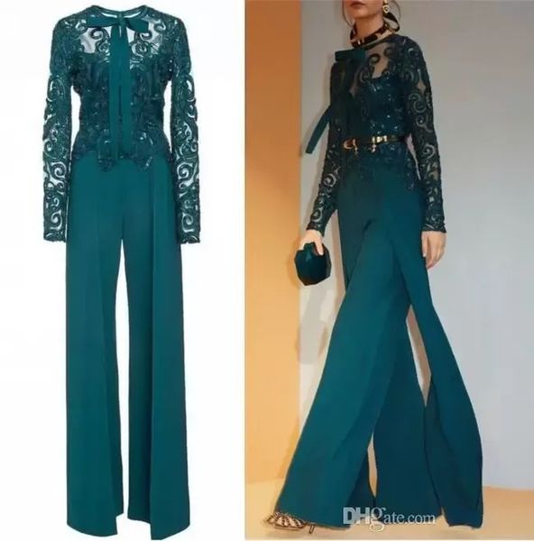 Hunter Green Jumpsuits Mãe da noiva Vestidos de mangas compridas Lace Appliqued Mulheres roupas de vestuário roupas modestas vestidos de noite Pro232