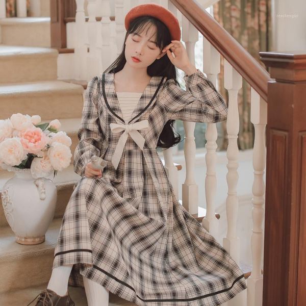 

sweet autumn long sleeve women dress preppy style vintage bow plaid sailor collar retro female dresses casual, Black;gray