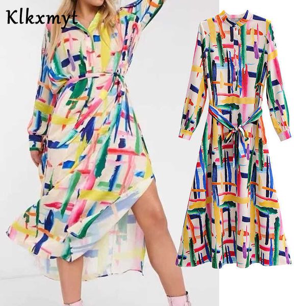 Klkxmyt Za Kleid Frauen Chic Mode Tie-Dye Drucken Maxi Vintage Revers Schärpen Langarm Weibliche Es Vestidos 210527