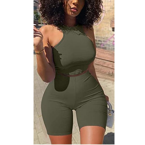 

women's tracksuits women summer two piece clothing set outfit sleeveless o-neck slim cropped + high waist short pants shorts tracksuit, Gray