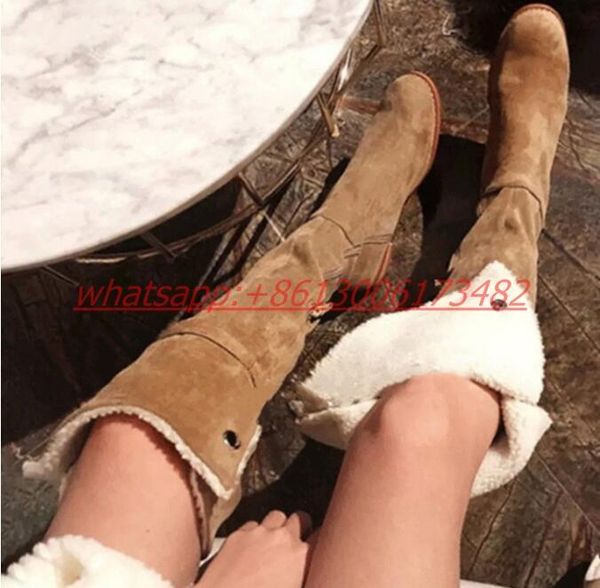 

boots winter flat cuffed women high large size wool velvet over knee, Black