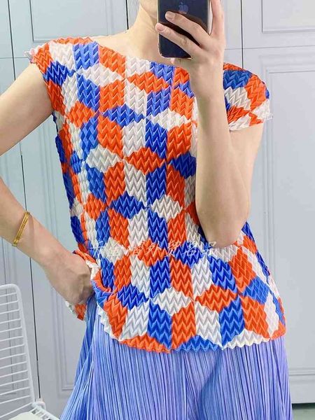 

women's knits & tees pleated 2021 summer aesthetic design plaid print t-shirt pleated high fashion c0oz, White