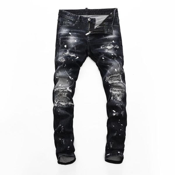 

men's jeans brand european style mens slim elastic men straight denim trousers zipper patchwork black hole for 8247, Blue