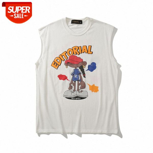 

cartoon printed sleeveless t-shirt men's ins european and american vest summer harajuku style street flow loose compassionate shirt #1t, White;black
