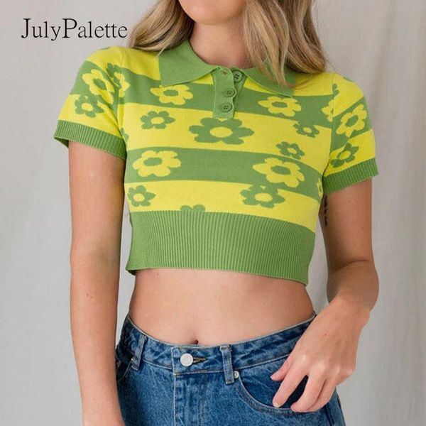 

julypalette casual knitted printed women short sleeve summer slim t shirt tees fashion turn-down collar green t-shirt women's, White