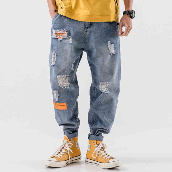 

2021 summer loose harlan men's jeans nostalgic worn out thin, Blue