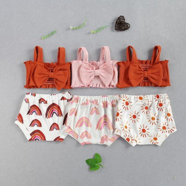 

baby girls clothes sets 2021 summer toddler born ribbed knitted bowknot crop +high waist short outfit suits clothing, White