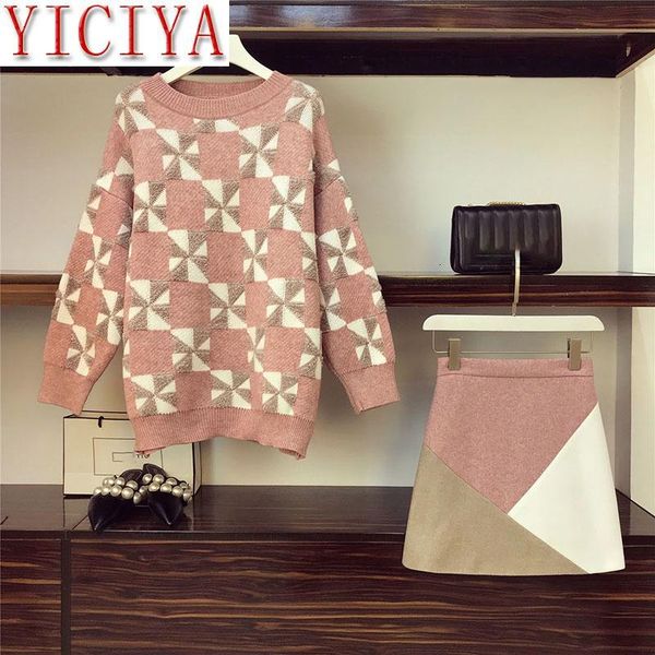 

two piece dress pink warm 2 set autumn winter jumper knit skirt 2pcs sets knitted print pullover sweater mini plus size 3xl, White