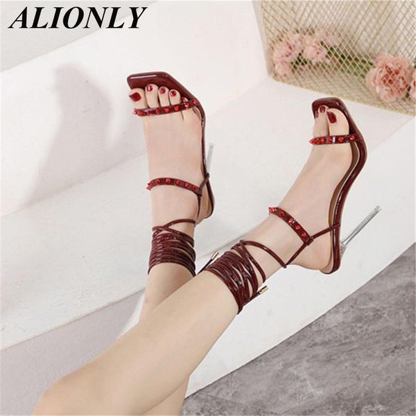

sandals alionly rivet ankle strappy party shoes for women 2021 summer high heels wedding open toe zapatos, Black