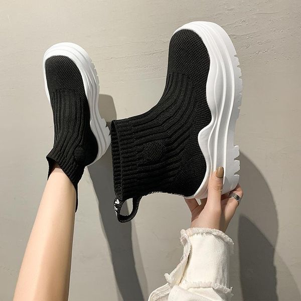 

boots women mid heels shoes 2021 autumn winter warm snow platform ankle walking pumps sock botas lady bottines, Black