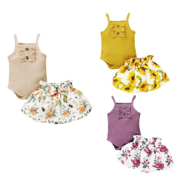 

clothing sets 2021 summer baby girls clothes ruffles sleeveless solid romper sunflowers print skirts 2pcs toddler outfit set 0-18m, White