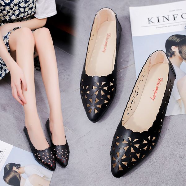 

sandals women pu leather pointed toe summer slip-on loafers dress hollow flower ladies breathable platform flat single shoes tacw, Black