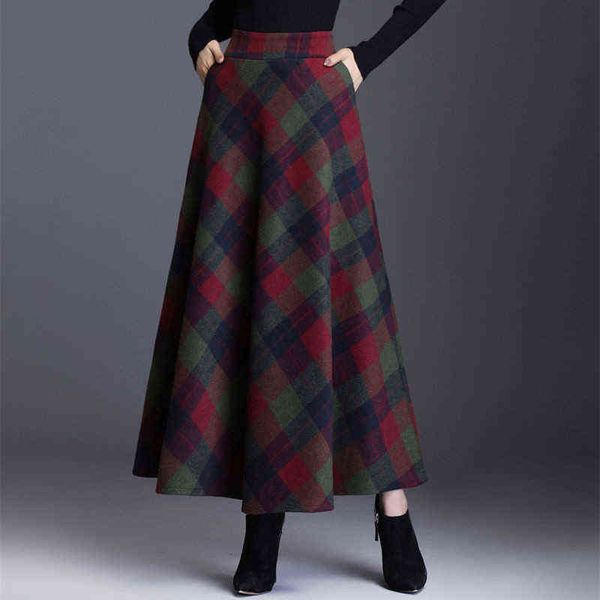 Xadrez de cintura alta saias longas para mulheres outono inverno elegante elegante moda coreana maxi saia mãe plus size 3xlcasual saia de lã solta 211120