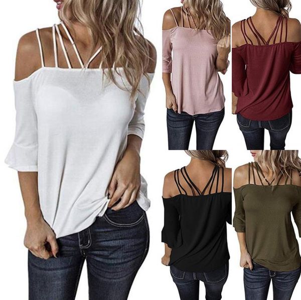 

european and american women's autumn sale one-word shoulder strap trumpet sleeve t-shirt women, White