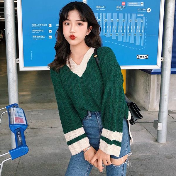 

women's sweaters sweet knitted full v-neck spring and autumn thin patchwork loose clothing pullovers fashion, White;black