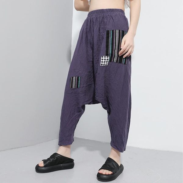 

women's pants & capris johnature 2021 vintage cotton linen harem women summer loose 5 colors elastic waist patchwork ankle-length, Black;white