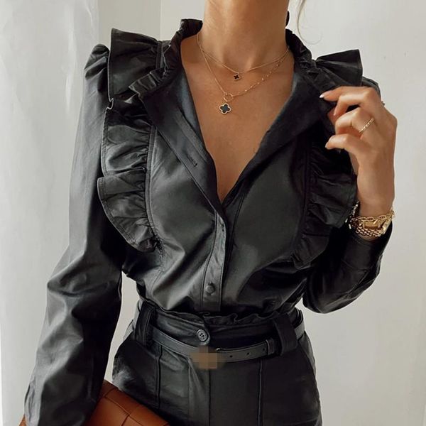 

casual dresses elegant long sleeve shirt black button vintage blouse stand collar pu leather office ladies female blouses, Black;gray