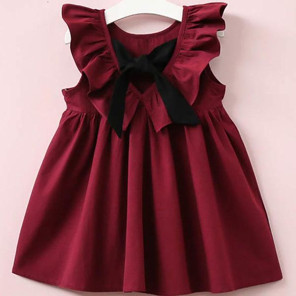 

girl's dresses girls dress cotton solid color ruffled back openwork cross bow cute fashion party princess kids for, Red;yellow
