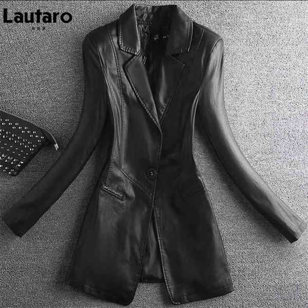

lautaro spring elegant black light soft faux leather blazer long sleeve slim fit luxury women blazers and jackets fashion 210826