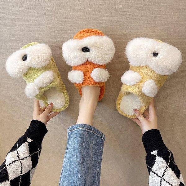

slippers fur shoes casual low slides slipers women plush luxury 2021 massage flat soft rome pu round toe basic hoof heels fabric, Black