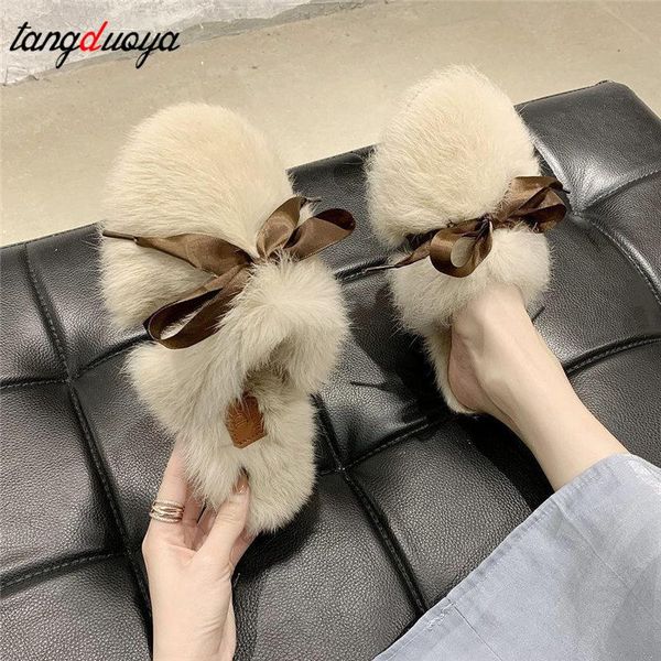 

furry slippers mules with bow girls plush for women warm home fluffy slides house shoes woman slipper, Black