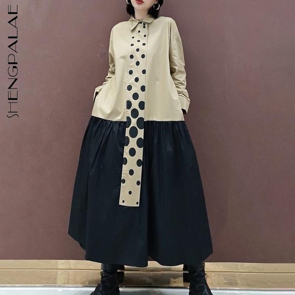 

elegant contrast color dress women's spring 2021 lapel large size dot patchwork long sleeve mid-calf dresses 5b80 casual, Black;gray