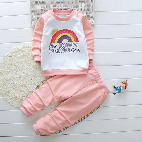 

clothing sets children's 2021 kids autumn long sleeve casual boys girls rainbow printed t-shirt and pants 2pcs boy girl set, White