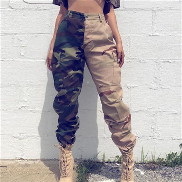 

womens camouflage colorblocked trousers fashion occident trend high waist desert style pants designer female casual overalls long pant, Black;white