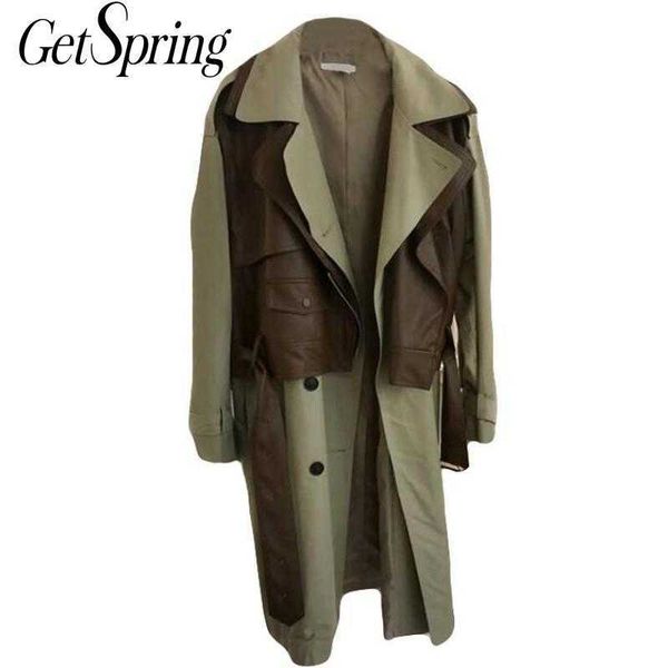 

getspring women trench coat color matching patchwork windbreaker plus size vintage long winter fashion overcoat 210601, Tan;black