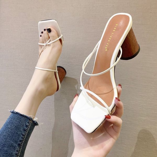 

sandals women woman thin heels summer female fashion square toe high ladies elegant slides narrow band shoes 6det, Black