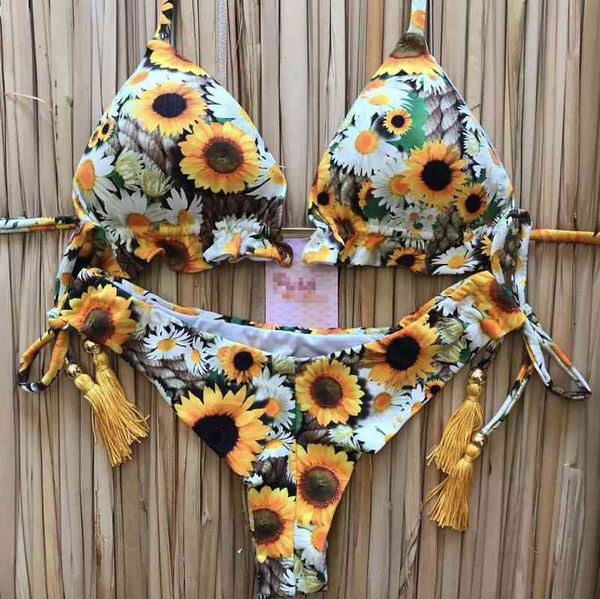 

backless 2021 split printed tassel bikini swimsuit, White;black
