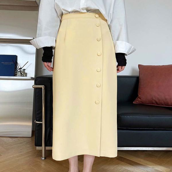 

skirt 2021 Spring A-Line Waist Single BUtton Design Women Long Skirt Femme Faldas Jupe Saia, Black