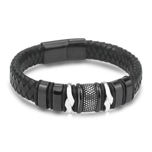 

link, chain european and american men's personality leather bracelet black titanium steel