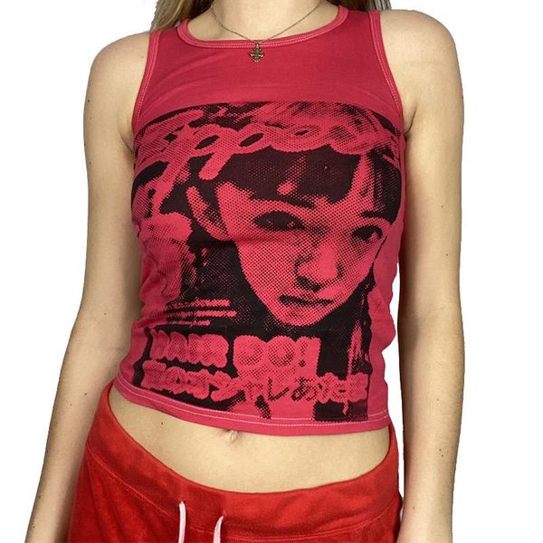 

women's tanks & camis vintage 90s punk portrait graphic print vest summer cotton women sleeveless y2k e-girl streetwear slim aesthetics, White