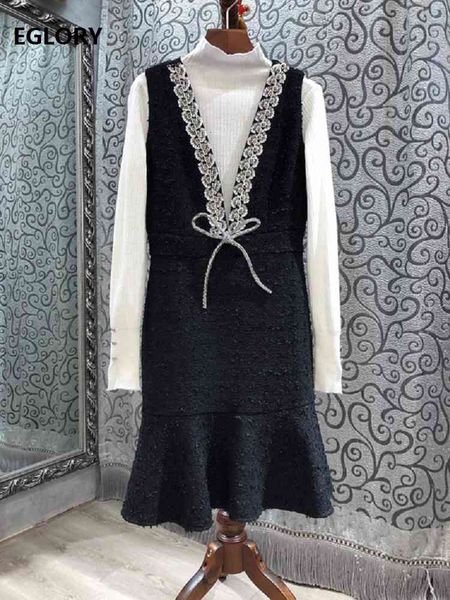 

skirts new wool suits autumn winter 2 pc set women turtleneck white pullover +v-neck beading wool vest, Black