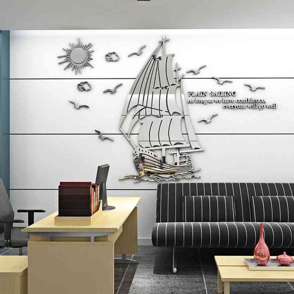 Creative Sailboat Acrylc Adesivos de Parede 3D Empresa Inspirational Espelho Adesivos de Parede Sala de aula Dormitório DIY Decoração Home 210615