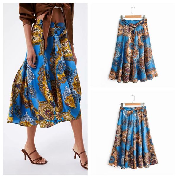 

women bohemian floral print wrap skirt bow tie a line female casual sweet mid calf skirts faldas mujer 210430, Black