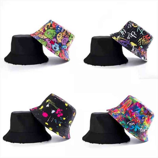 

graffiti animation bucket hat summer women cartoons print fisherman hat men bob boys hip hop fishing caps sad boy sun, Blue;gray