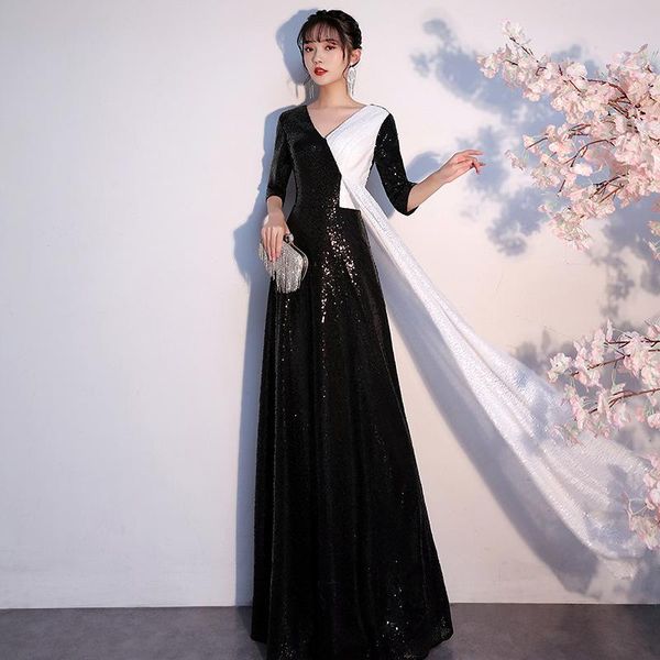 

ethnic clothing black-white patchwork chinese evening gown sequins v-neck pleated qipao sparkly stylish bandage cheongsam mesh charming dres, Red